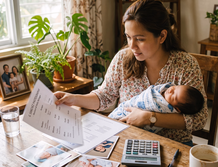 A Filipino mother holds her swaddled newborn baby while reviewing a photographer's price list and sample prints at a sunlit table.