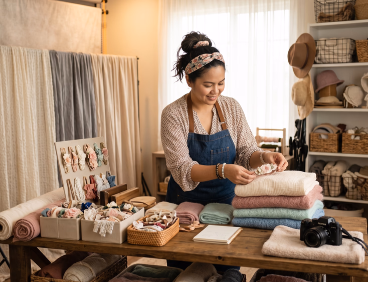A professional Filipino newborn photographer meticulously arranges soft wraps, headbands, and baskets in a well-equipped photo studio.