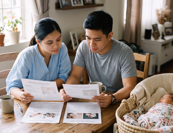 A Filipino couple carefully compares two photography package sheets at their dining table while their newborn rests in a nearby bassinet.