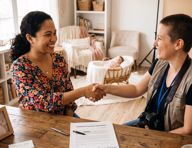 A confident Filipino mother smiles and shakes hands with a professional newborn photographer over a signed package agreement in a studio.