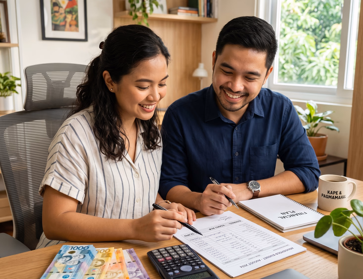A young Filipino couple sits at a bright modern home office desk, calmly reviewing costs on a document with a calculator and peso bills.
