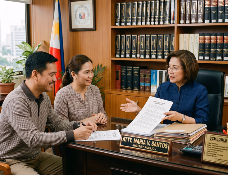 A Filipino lawyer presents a drafted agreement to a seated couple in a professional office, with law books and a fee schedule on the desk.