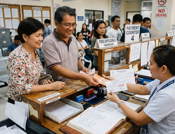 A Filipino couple pays a fee at a government registry counter, exchanging peso bills for an official receipt amid official stamps and ledgers.