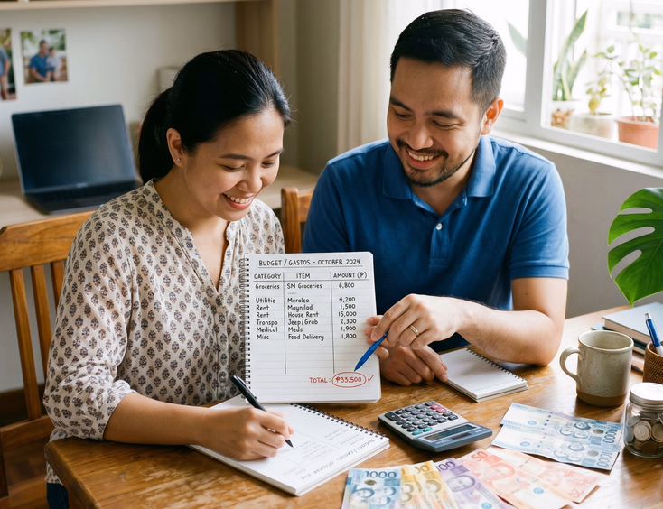 A Filipino couple in a bright home workspace adds up itemized costs on a notepad, circling a final total next to a calculator and peso bills.