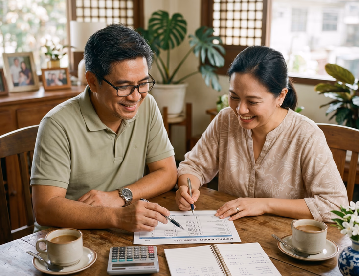 Filipino couple in their 40s reviewing a budget at a home dining table.