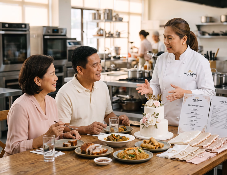 Filipino couple in their 50s tasting Filipino wedding food samples with a caterer.