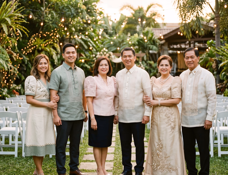 Three Filipino couples in a garden venue wearing different levels of celebratory attire.