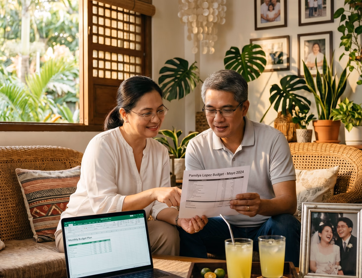 Filipino couple in their 40s budgeting on a rattan sofa in golden hour light.