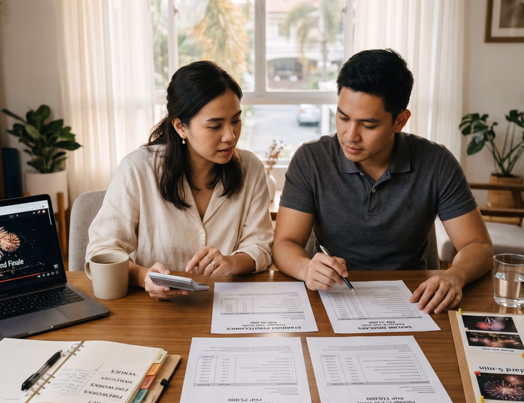 Filipino couple comparing three different wedding fireworks supplier quotes and packages at a table during daytime planning.