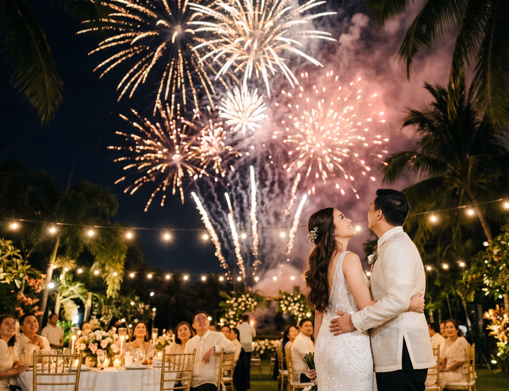 Filipino bride and groom in traditional attire watching a mid-range layered aerial fireworks display at a night garden reception.