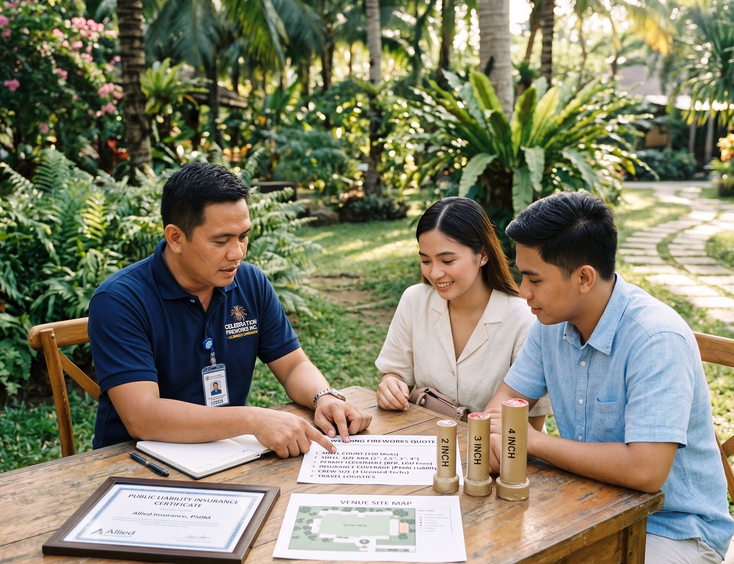 Licensed pyrotechnic operator explaining shell sizes and price breakdown for a wedding fireworks quote to a Filipino couple.