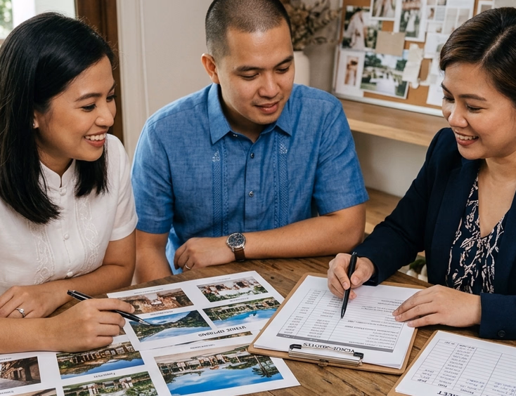 Filipino bride, groom, and wedding planner reviewing venue quotes, price breakdowns, and a budget spreadsheet on a wooden planning table with natural daylight