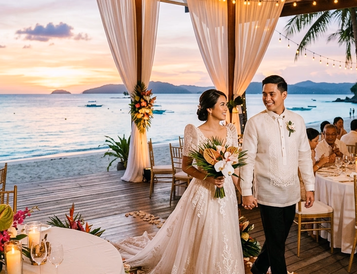 Filipino bride and groom walking hand in hand toward an elegant open-air beach resort wedding reception with draped fabric, tropical florals, and a sunset ocean view