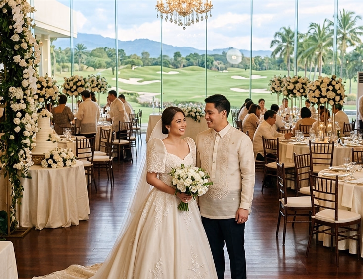 Filipino bride in a ball gown and groom in formal barong tagalog standing at the entrance of an elegant country club ballroom with gold-rimmed tables and crystal chandeliers
