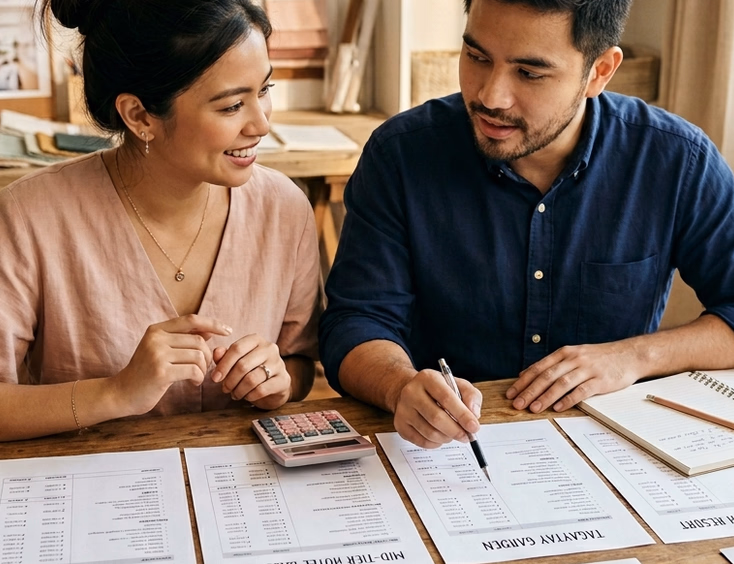 Filipino couple comparing four printed wedding budget breakdowns for an intimate restaurant, mid-tier hotel, Tagaytay garden, and luxury beach resort on a planning table