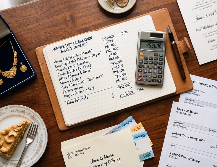 Overhead flat lay of Filipino anniversary budget planning on a wooden desk with a notebook and calculator.