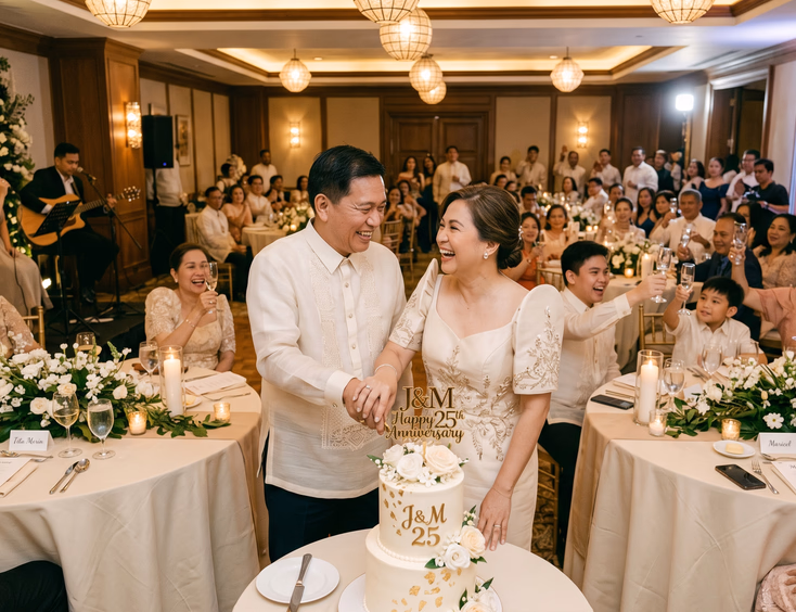 Filipino couple in their 50s cutting a three-tier cake at a mid-sized wedding anniversary reception.