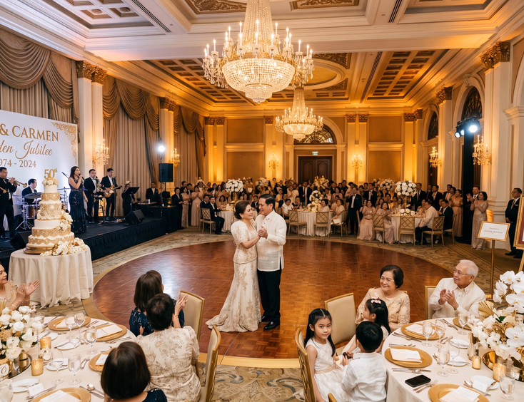Filipino couple in their 70s dancing at a grand golden jubilee wedding anniversary reception in a ballroom.