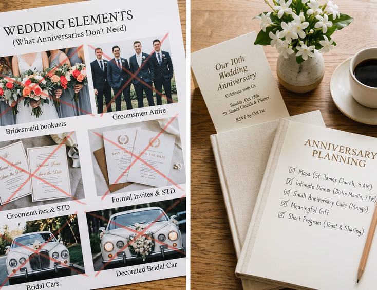 Flat lay on a wooden table comparing wedding planning elements with a simpler Filipino anniversary checklist.