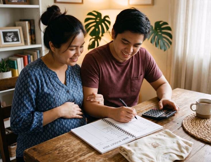 A pregnant Filipino woman and her partner sit at their dining table reviewing a baby budget with a calculator and a notebook.