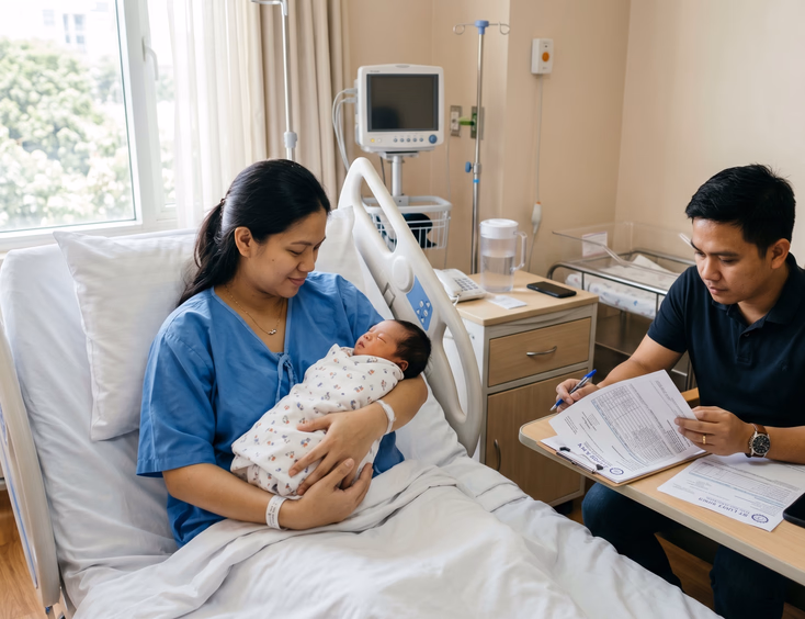 A Filipino mother cradles her newborn in a hospital room while her partner reviews hospital billing documents on a clipboard nearby.