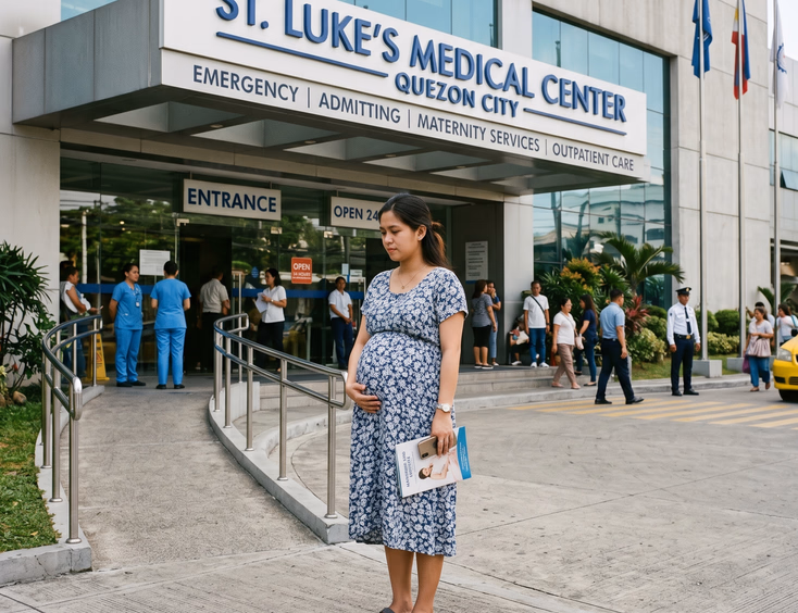 A pregnant Filipina stands thoughtfully outside the entrance of a modern Philippine hospital while weighing her healthcare options.