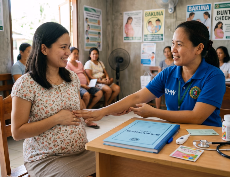 A pregnant Filipina receives a free checkup and prenatal vitamins from a friendly community health worker at a barangay health center.