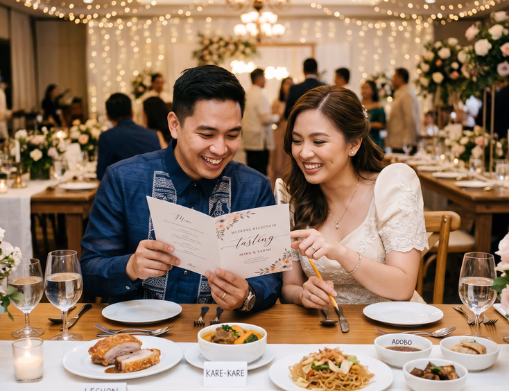 Filipino couple in their late 20s reviewing a printed menu during a wedding reception food tasting with labeled portions of lechon, kare-kare, and pancit on a warmly lit banquet table