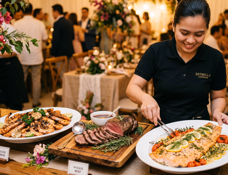 Filipino female server in a black uniform arranging grilled prawns, sliced Angus beef, and baked salmon with lemon and herbs at a premium wedding buffet station in warm golden light