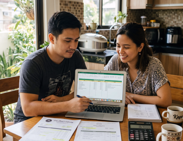 Filipino couple at a kitchen table comparing two printed catering quotes beside a laptop spreadsheet, calculator, and handwritten budget notes in a modern home with morning natural light