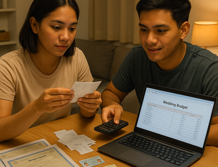Young Filipino couple calculating a civil wedding budget with receipts and laptop