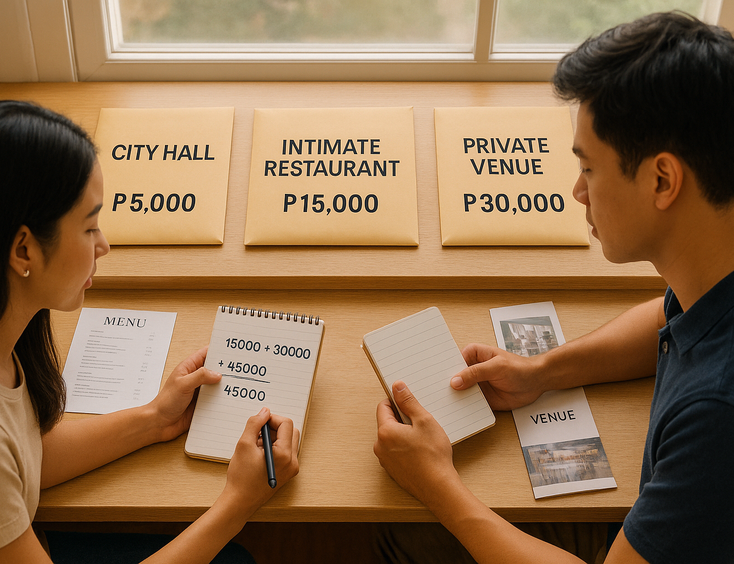 Couple comparing minimalist intimate and private venue wedding budgets with cash envelopes
