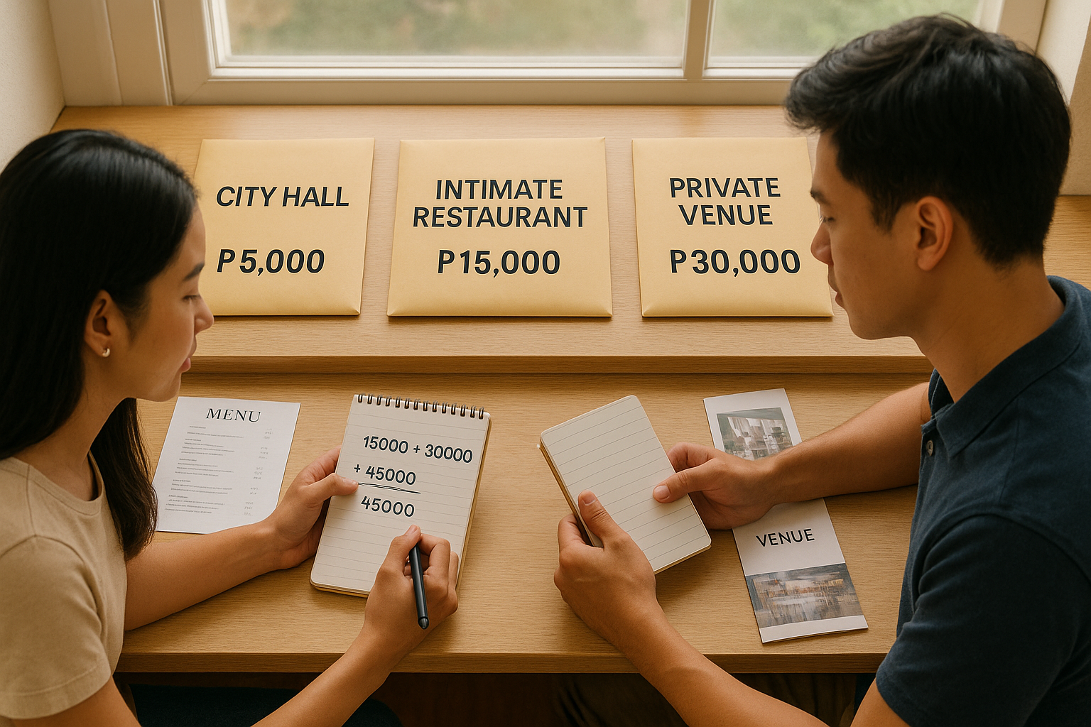 Couple comparing minimalist intimate and private venue wedding budgets with cash envelopes