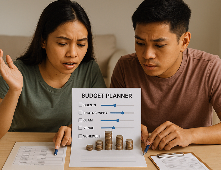Couple adjusting spending on guests photos glam and venue on a printed budget sheet