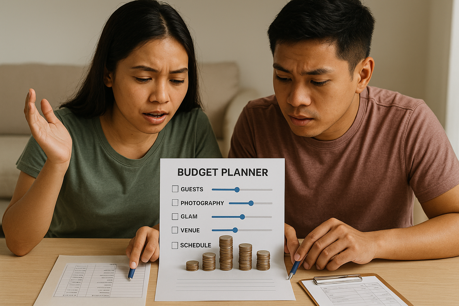 Couple adjusting spending on guests photos glam and venue on a printed budget sheet