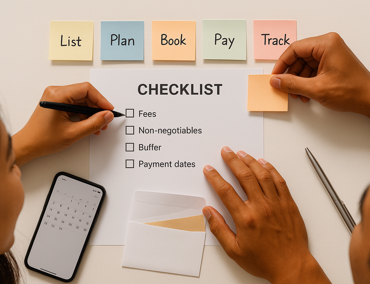 Overhead view of a civil wedding budgeting checklist with boxes being ticked
