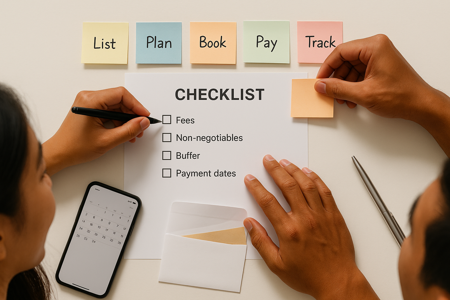Overhead view of a civil wedding budgeting checklist with boxes being ticked