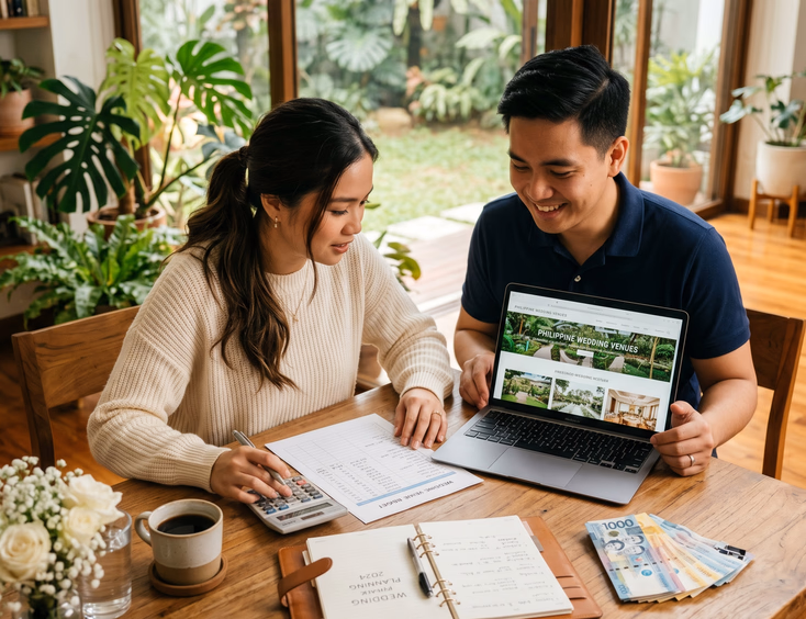 Filipino couple sitting at a dining table planning their wedding preparation venue budget with a laptop and spreadsheet.