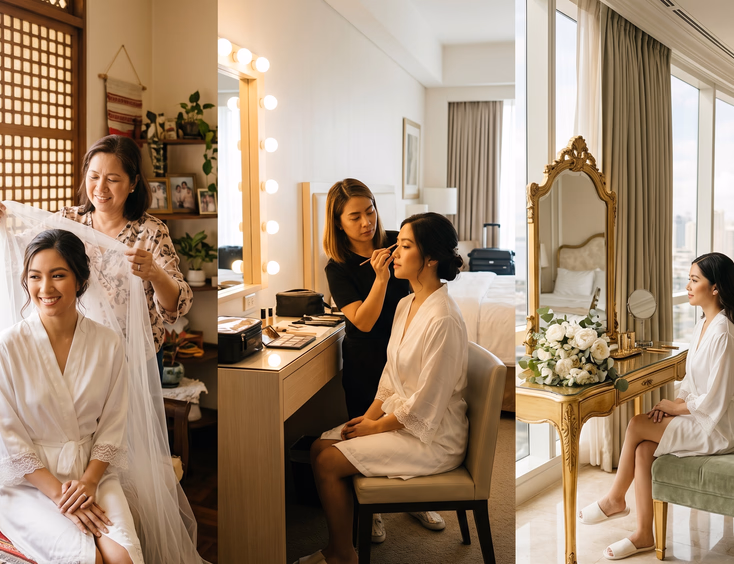 Composite image showing three different Filipino wedding preparation venues across various budget tiers.