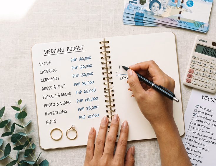 Flat-lay overhead view of wedding budget planning items with Philippine peso bills, a calculator, and a planner notebook.