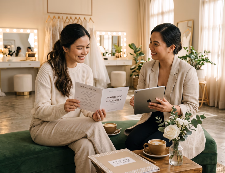 Filipino bride-to-be reviewing a bridal package brochure with a studio coordinator during a wedding venue consultation.