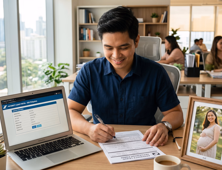 A focused Filipino father sits at his office desk reviewing paternity leave paperwork, with a photo of his pregnant wife nearby.