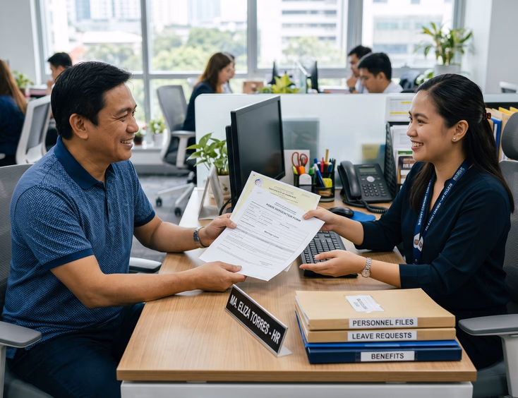A Filipino father hands his leave application and marriage certificate to a friendly female HR officer at a desk in a bright office.