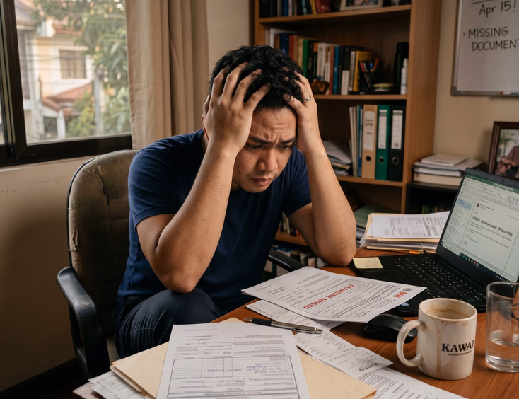 A worried young Filipino father holds his head at a desk with scattered documents, stressed after missing an important filing deadline.