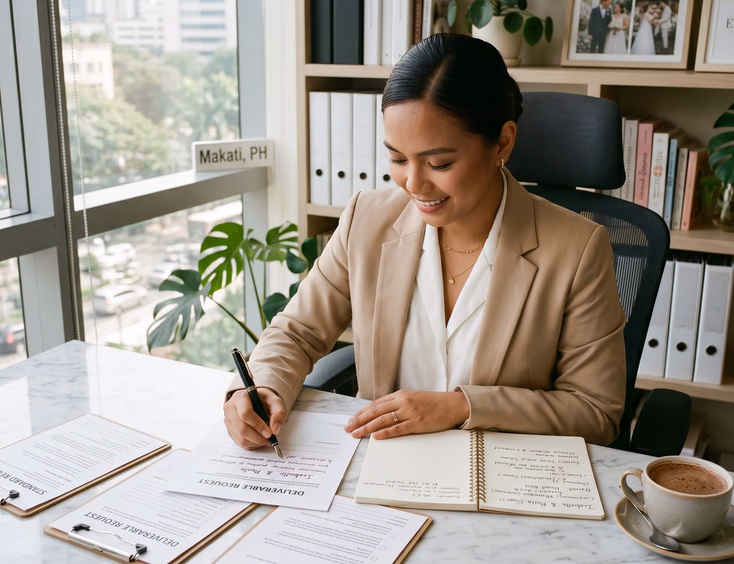 Filipino wedding coordinator in her Makati office customizing a templated review request for a client.