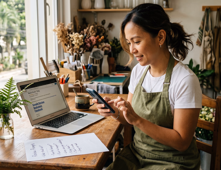 Filipino wedding florist in her Pasig studio testing online review links on her phone.