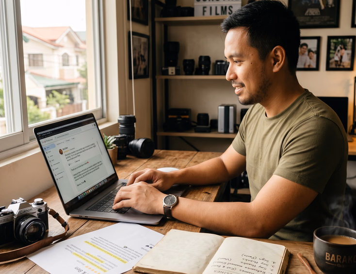 Filipino wedding videographer replying to a five-star Google review from a past client in his Marikina studio.