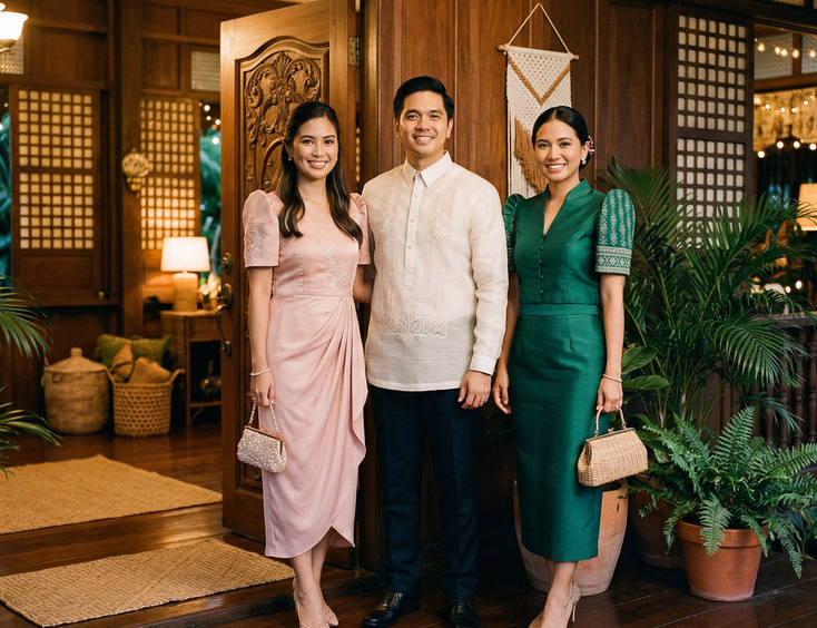 Three Filipino adult guests in festive formal attire standing near the entrance of a traditional Filipino home, woman in blush midi dress, woman in emerald green, and man in barong tagalog