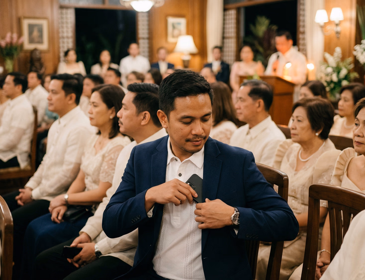 Filipino man in semi-formal attire discreetly putting his phone away while seated at a formal gathering in a warmly lit Filipino home sala with attentive guests in the background