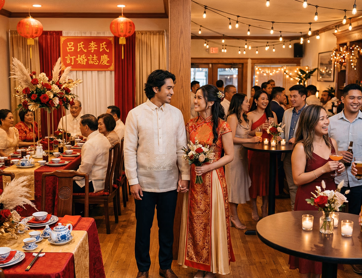 Filipino couple in their late 20s standing in a venue that transitions from a formal tinghun dining area with red and gold table linens on the left to a relaxed engagement party setup with string lights and cocktail tables on the right